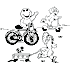 a picture to color of Barney, BJ and Baby Bop with bikes, scooters and wagons