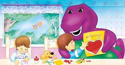 Barney gives child an "I love you" hug