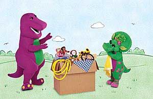 Barney and Baby Bop put their toys into empty box