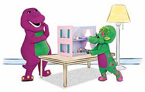 Barney and Baby Bop play with dollhouse made from box