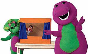 Barney and Baby Bop make box into a puppet theater