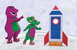 Barney and Baby Bop make rocket from empty box