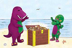 Barney and Baby Bop make box into a treasure chest