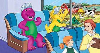 Barney and BJ on a passenger train