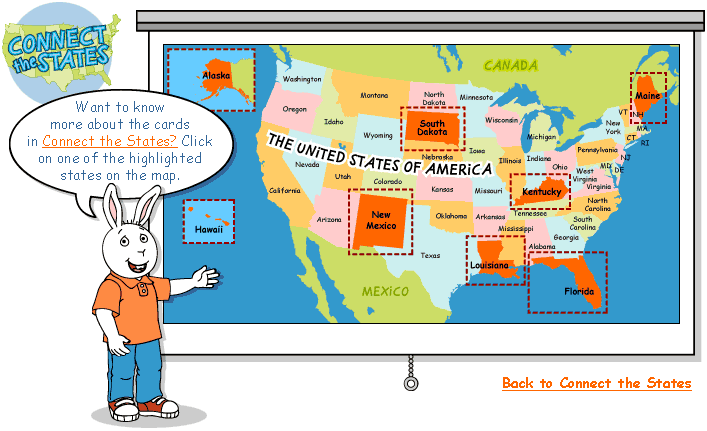 Buster standing next to U.S. Map with eight states highlighted