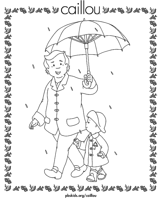 Grandpa and Caillou walking under the rain