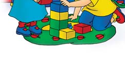 Caillou and Rosie playing with blocks