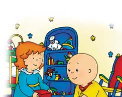 Caillou and Rosie playing with blocks.