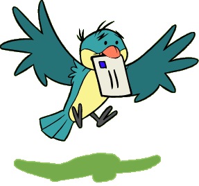 A bird with an envelope in her beak.