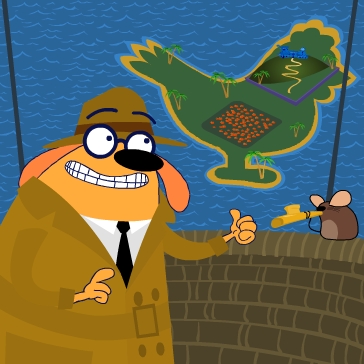 Ruff and Chet in blimp basket, looking out at Chicken Island.