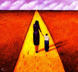 Woman and child walking down a road