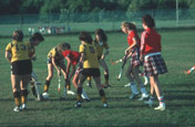 Girls playing field hockey