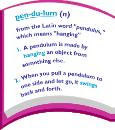 Pendulum: (n) from the Latin word 'pendulus,' which means 'hanging.' 1. A pendulum is made by hanging an object from something else. 2. When you pull a pendulum to one side and let go, it swings back and forth.