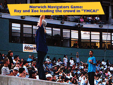 Norwich Navigators Game: Ray and Zoe leading the crowd in 'YMCA'