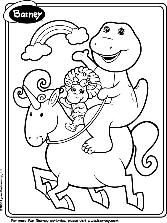 Print and color Barney and Baby Bop riding a unicorn!